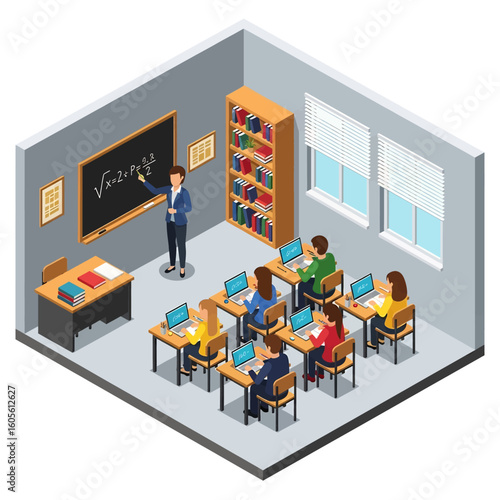 Adobe Illustrator artwork 3D isometric view of a classroom with students at desks using laptops and a teacher writing math on the blackboard. Ideal for education and learning themes