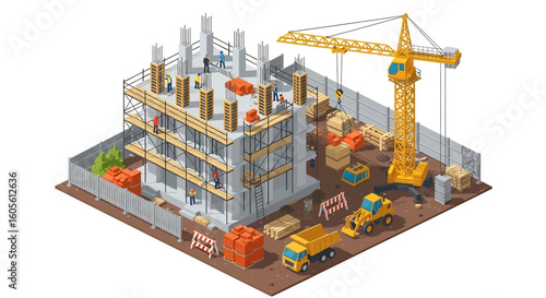 Adobe Illustrator artwork 3D isometric view of a construction site with a building under construction, crane, trucks, excavator, and workers. Ideal for urban development and engineering concepts