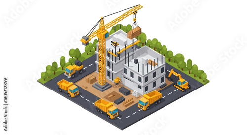 Adobe Illustrator artwork 3D isometric view of a construction site with a building under construction, crane, trucks, excavator, and workers. Ideal for urban development and engineering concepts