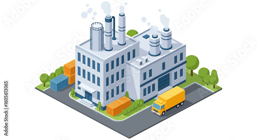 Adobe Illustrator artwork 3D isometric view of a modern factory building with chimneys emitting smoke, surrounded by trees, cargo containers, and a delivery truck. Ideal for industrial and logistics t