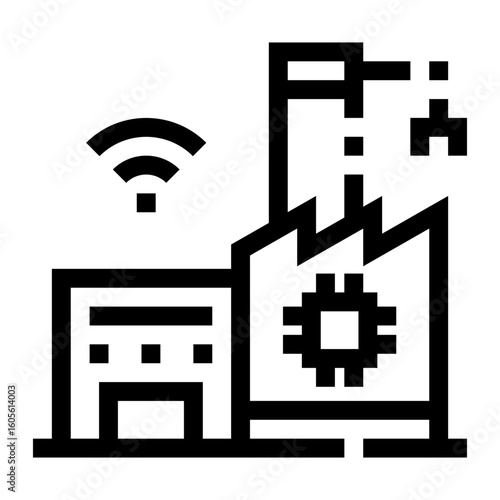 Icono de fábrica inteligente. Edificio de fábrica con iconos de red, chip y wifi. Automatización avanzada y conectividad digital. Ilustración vectorial