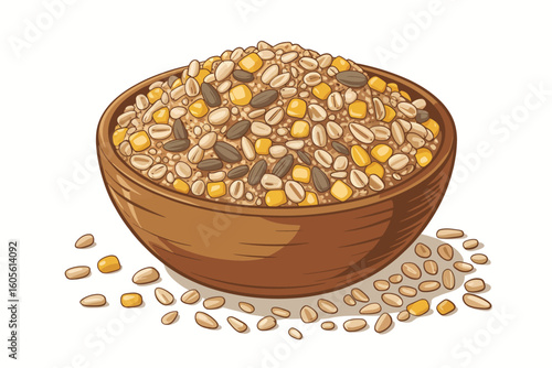Wooden bowl filled with mixed grains and seeds on a white background