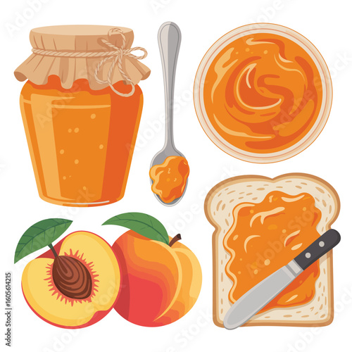 Delicious peach jam spread on toast with fresh peaches and spoon