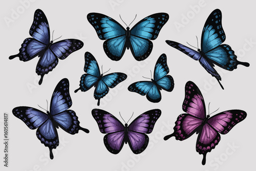 Collection of beautiful iridescent blue and purple butterflies in flight