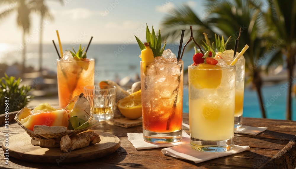 Fototapeta premium Tropical cocktails with fresh fruit garnishes sit on wooden table by tropical beach. Palm trees, ocean create relaxing vacation atmosphere. Ideal for promoting summer holidays, resorts, or beach bars.