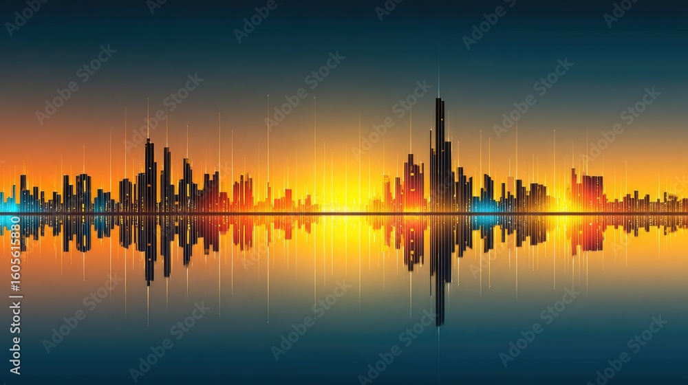 Obraz premium City skyline reflected in water at sunset with sound wave effect.