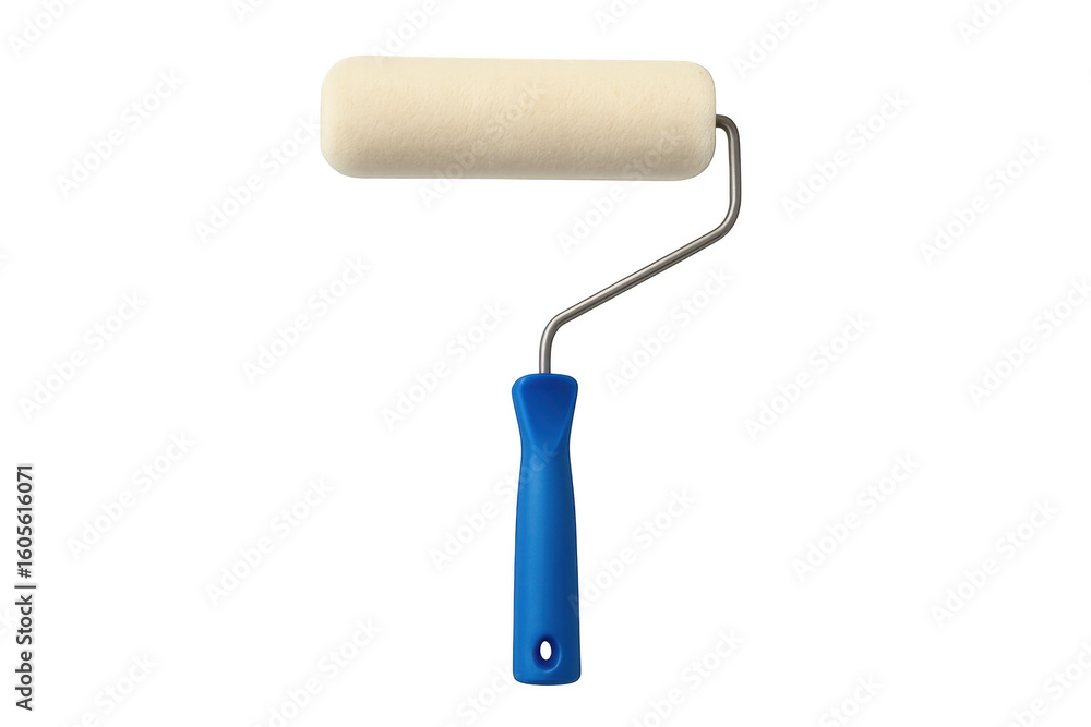 Fototapeta premium Clean new paint roller with blue handle isolated on transparent background, ready for painting and home renovation