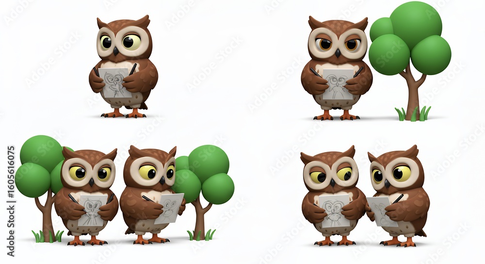 Fototapeta premium Cartoon owls with trees graphic image