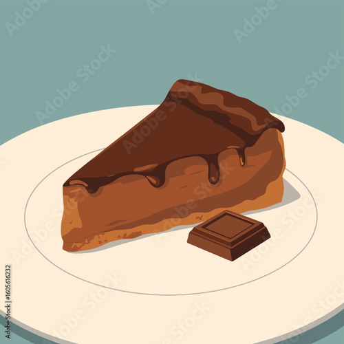 Slice of rich chocolate cheesecake with a square of chocolate on a plate