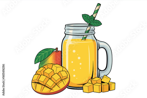 Refreshing mango smoothie in a mason jar with fresh fruit