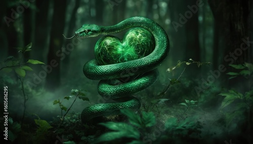 Green snake coiled around glowing green heart symbol in dark forest. Represents jealousy, envy, desire, passion. Ethereal, multilayered effect with mystical atmosphere and fog.