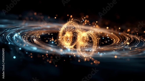quantum entanglement represented by glowing particle pairs connected by energy threads, floating in dark space