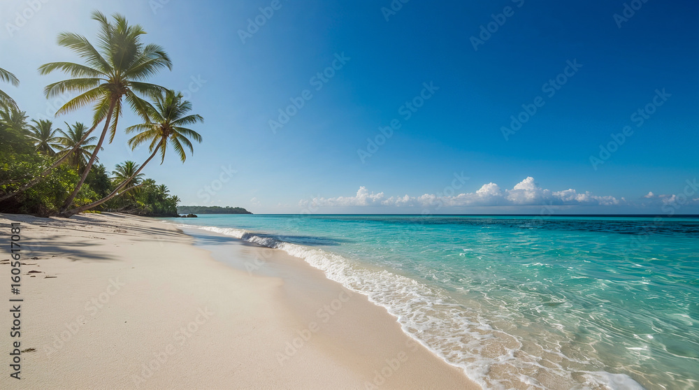 A pristine white sand beach with turquoise waters and lush green palm trees under a clear blue sky with fluffy white clouds. A pristine white sand beach with turquoise waters and lush green palm trees under a clear blue sky with fluffy white clouds.