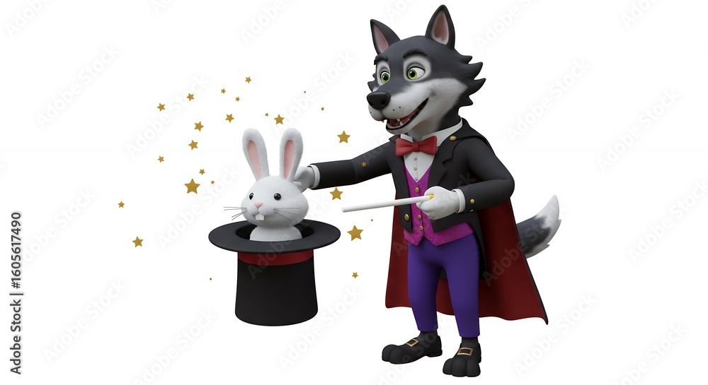 Obraz premium Cartoon wolf magician performing magic trick with rabbit