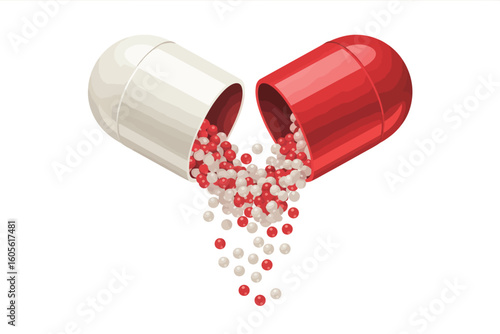Open capsule spilling out small red and white pellets