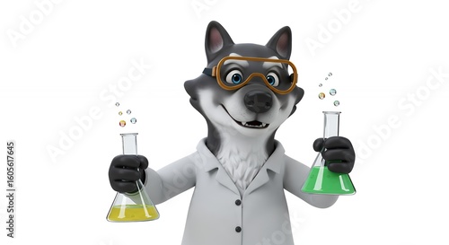 Cartoon wolf scientist holding beakers
