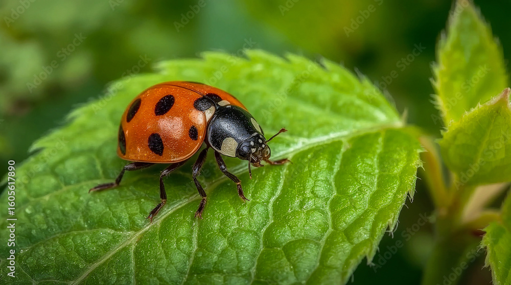 Fototapeta premium A macro shot of a bright orange ladybug with black spots on a vibrant green leaf, showcasing its detailed features and delicate legs.