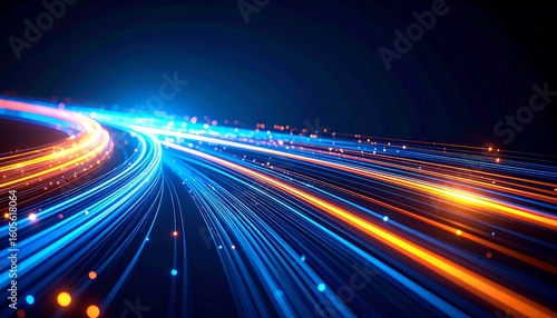 Abstract light trails with glowing blue and orange streaks create a dynamic sense of speed and movement against a dark, futuristic backdrop, showcasing technology.