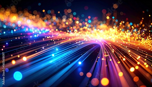 An abstract image showcasing vibrant converging light trails in blue, purple, and orange hues against a dark backdrop creating a dynamic and futuristic atmosphere.