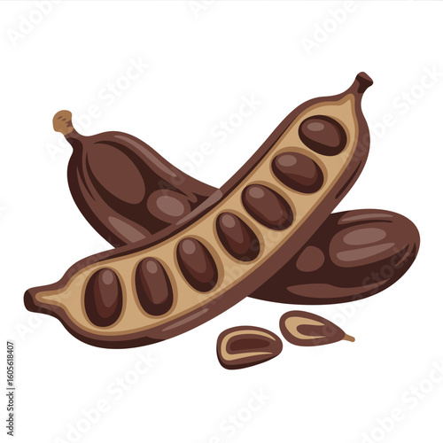 Fresh carob pods with seeds and slices isolated on white background