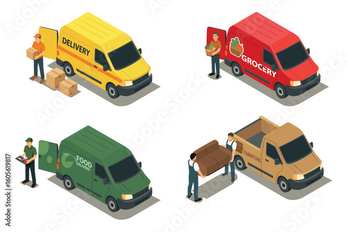 Isometric Delivery Van for Package Food Grocery Furniture Vector Illustration