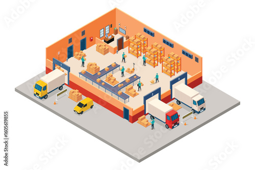 Isometric of Shipping and Distribution Center Vector Illustration