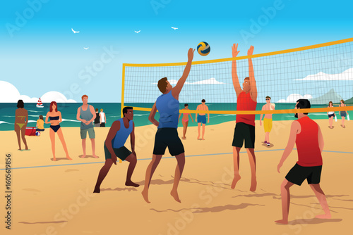 Men Playing Beach Volleyball in the Summer Vector Illustration