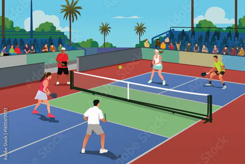 People Playing Pickleball in a Tournament Vector Illustration
