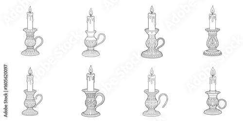Set of vintage candle holders line art for holiday decoration and coloring  