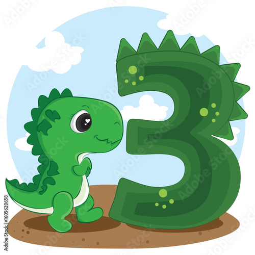 numbers 3 in the style of cute baby dino tyrannosaurus