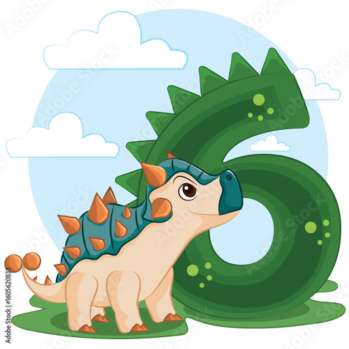 Cute dinosaur birthday party with numbering illustration. number six 6 with ankylosaurus