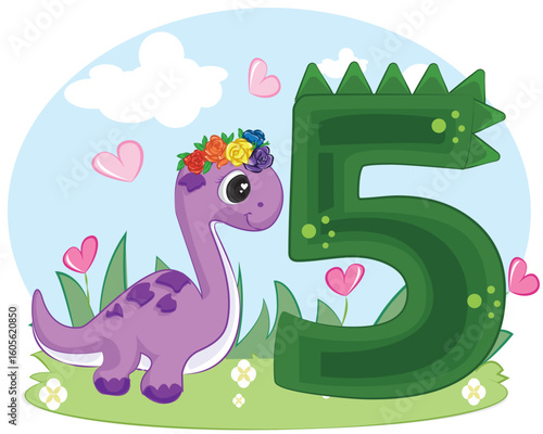 numbers 5 in the style of dino brontosaurus