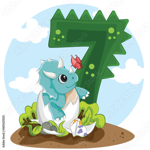 numbers 7 in the style of dino triceratops