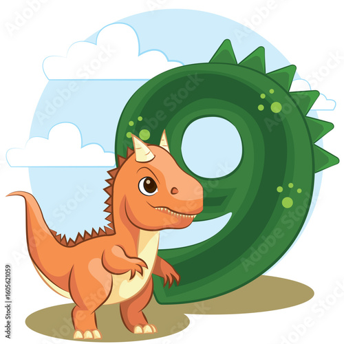 Cute dinosaur birthday party with numbering illustration. number six 9 with carnotaurus