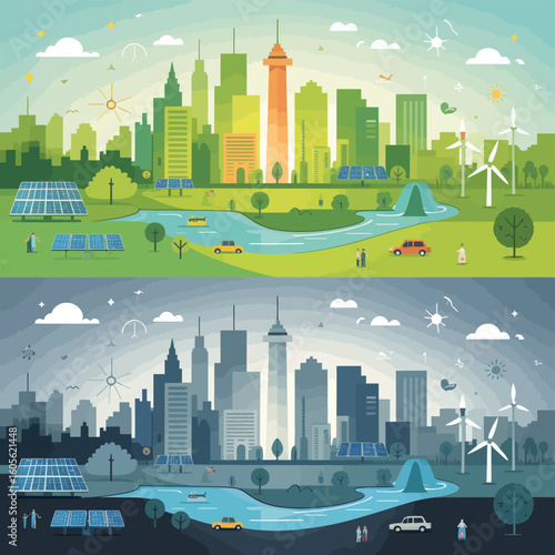 Green city vs polluted city comparison with renewable energy