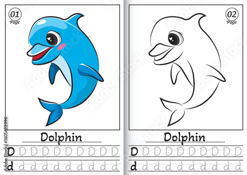 Dolphin Alphabet ABC Coloring Page D. Tracing all letters of English alphabet. Preschool activity for kids