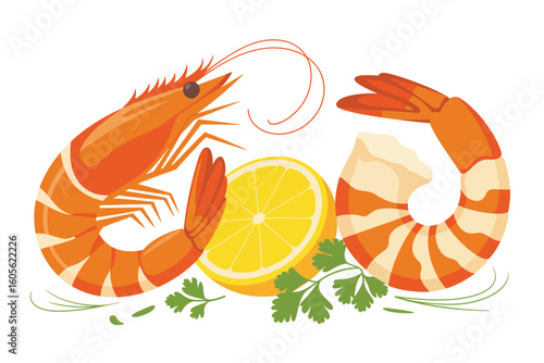 Freshly cooked shrimp with lemon and parsley illustration