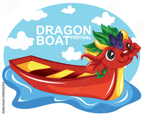 Chinese Dragon boat Race festival with rice dumpling, cute character design Happy Dragon boat festival on background greeting card vector illustration.Translation: Dragon Boat festival,5th day of may