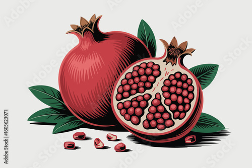 Whole and halved ripe pomegranate with seeds and leaves