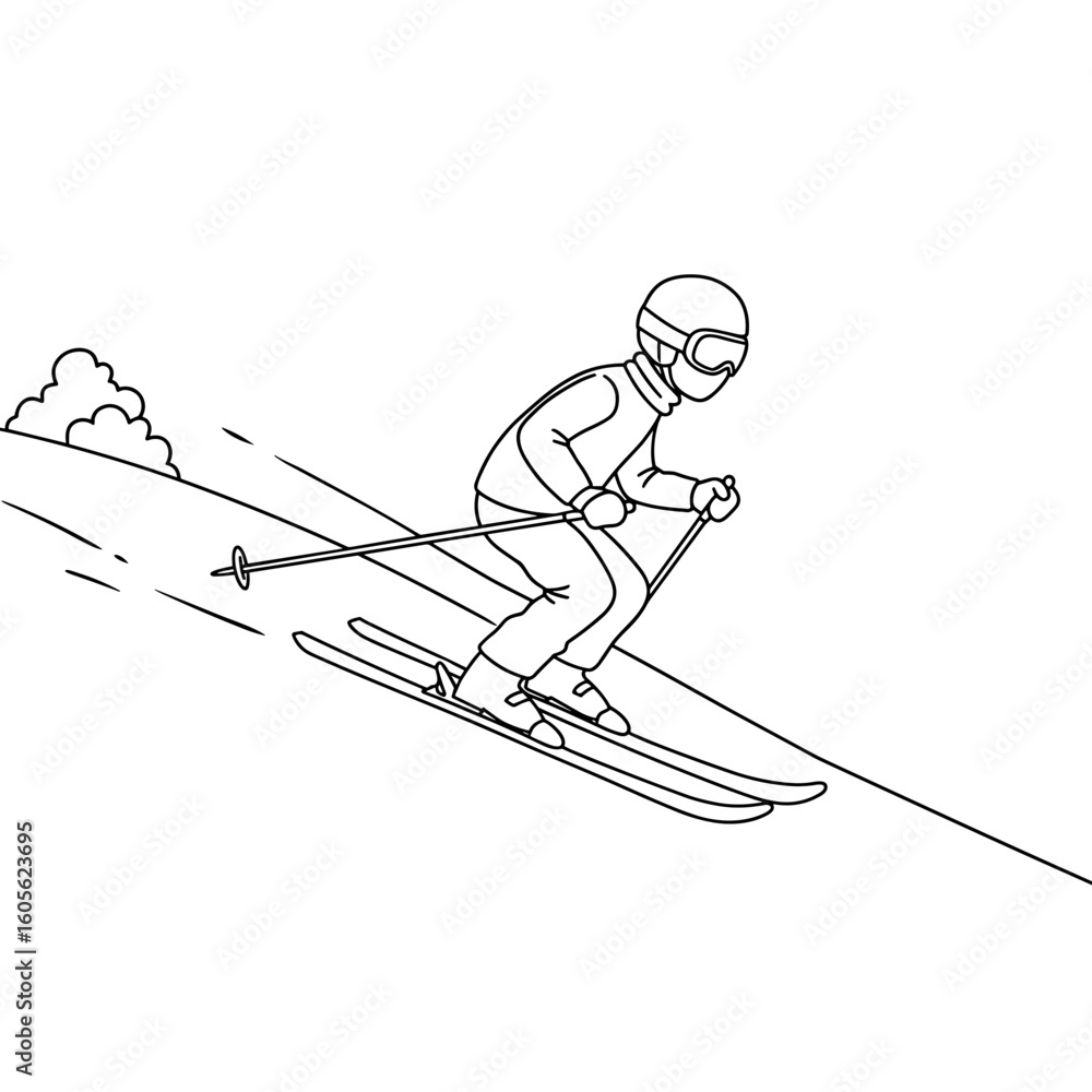 Fototapeta premium Skiing person in motion on snowy slope for coloring page 