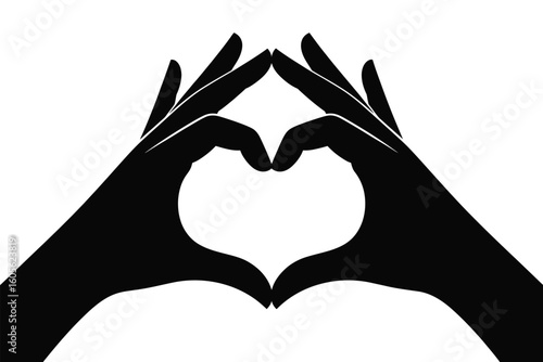 Silhouette of two hands forming a heart shape against a white background