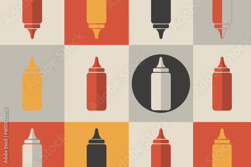 Retro style condiment bottles pattern seamless background