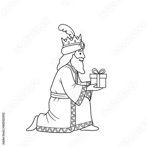 King kneeling and presenting gifts in coloring page design  