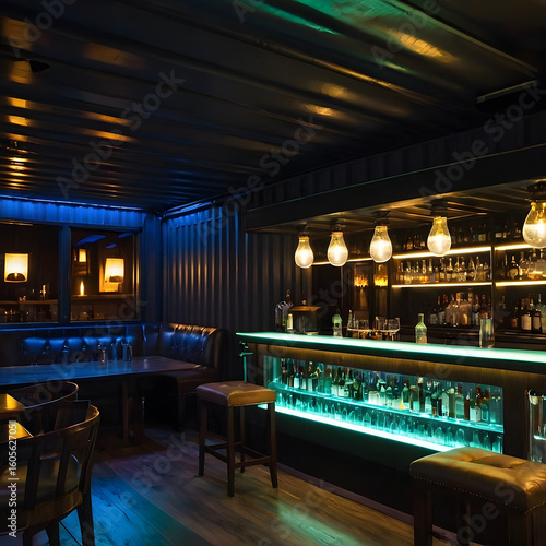 Cozy bar ambiance: The bar's inviting interior, illuminated with dim lighting, showcases a collection of liquors and an atmosphere of relaxation, perfect for a night out. 