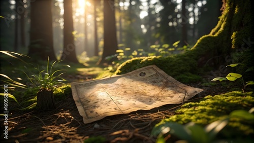 Old Treasure Map on Forest Floor in Sunlight with Moss and Trees