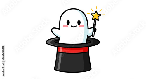 Vector Cartoon SVG Illustration of a Ghost in Magic Hat Holding Star Wand in Cute Flat Design