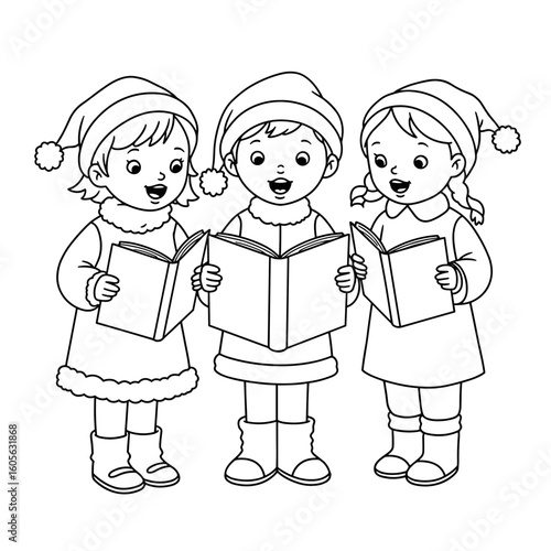 Three children caroling while holding songbooks for Christmas holiday activity  