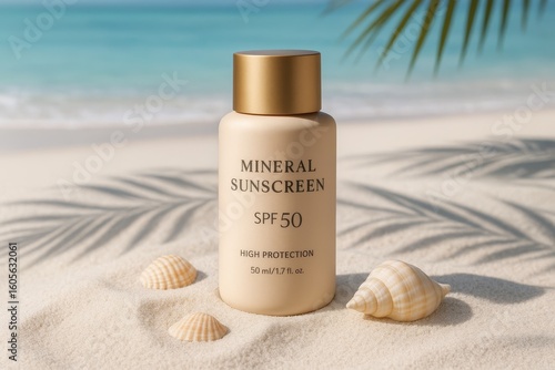 Luxury mineral sunscreen cream with SPF protection displayed on tropical beach sand