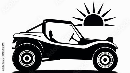 Black and white silhouette of a dune buggy in motion on a clean white background