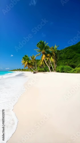 Azure waters lap against the sandy shore of a sunny, tropical beach with palm trees and a bright blue sky on a summer day